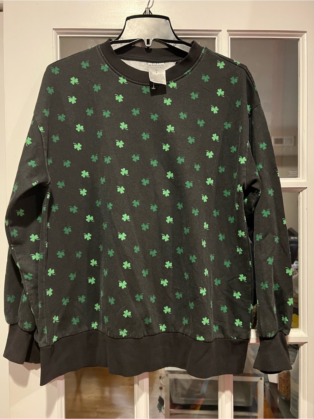Serra Black Sweatshirt with Green Shamrock Print Allover